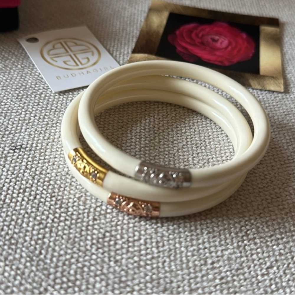Budha Girl Cream Bangles with Gold and Silver Accents